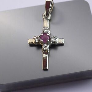 Elegant Silver, Pink Diamond Gemstone Cross Pendant 1”